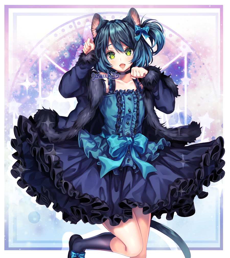 :d animal_ears bangs bare_shoulders blue_dress blue_hair bow buttons cat_ears cat_tail choker commission dress fang feet_out_of_frame frilled_dress frills fur_trim green_eyes hair_between_eyes hair_bow kneehighs long_sleeves looking_at_viewer open_mouth otoko_no_ko paw_pose ryoune_yami sasucchi95 short_hair side_ponytail smile socks solo tail utau