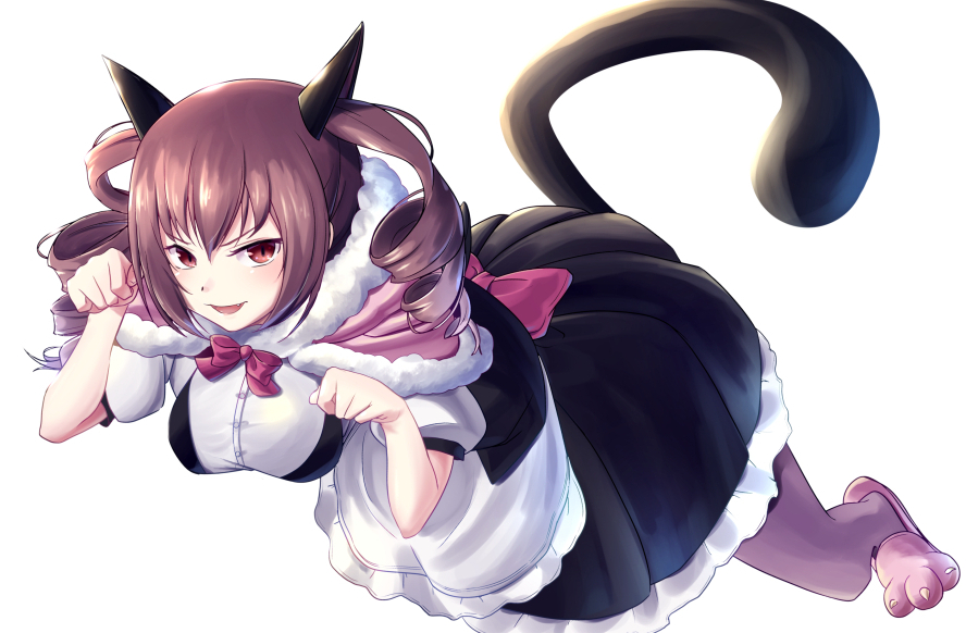 animal_ears apron bow breasts cat_ears cat_slippers cat_tail dress drill_hair fang fur-trimmed_hood looking_at_viewer maid maid_apron medium_breasts open_mouth paw_pose pink_hair red_eyes short_hair short_twintails simple_background slit_pupils steins;gate tagame_(tagamecat) tail twin_drills twintails white_background