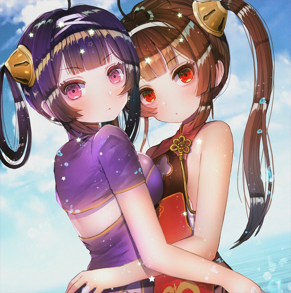 ahoge azur_lane bangs bare_shoulders blue_sky blush breast_press breasts brown_hair china_dress chinese_clothes cleavage closed_mouth cloud confetti day dress eyebrows_visible_through_hair hair_ornament hair_rings hairband hanato_(seonoaiko) hug jacket long_hair looking_at_viewer looking_back medium_breasts multiple_girls ning_hai_(azur_lane) ocean outdoors ping_hai_(azur_lane) purple_dress purple_eyes purple_hair red_dress red_eyes sky small_breasts sparkle star symmetrical_docking twintails very_long_hair water_drop yuri