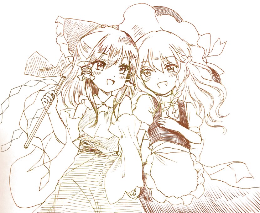:d apron ascot blush bow breasts commentary detached_sleeves gohei greyscale grin hair_bow hair_tubes hakurei_reimu hand_on_own_chest hat holding_hands kirisame_marisa large_bow long_hair looking_at_another monochrome multiple_girls open_mouth puffy_short_sleeves puffy_sleeves short_sleeves skirt skirt_set small_breasts smile touhou waist_apron wavy_hair witch_hat yuri yururi_nano