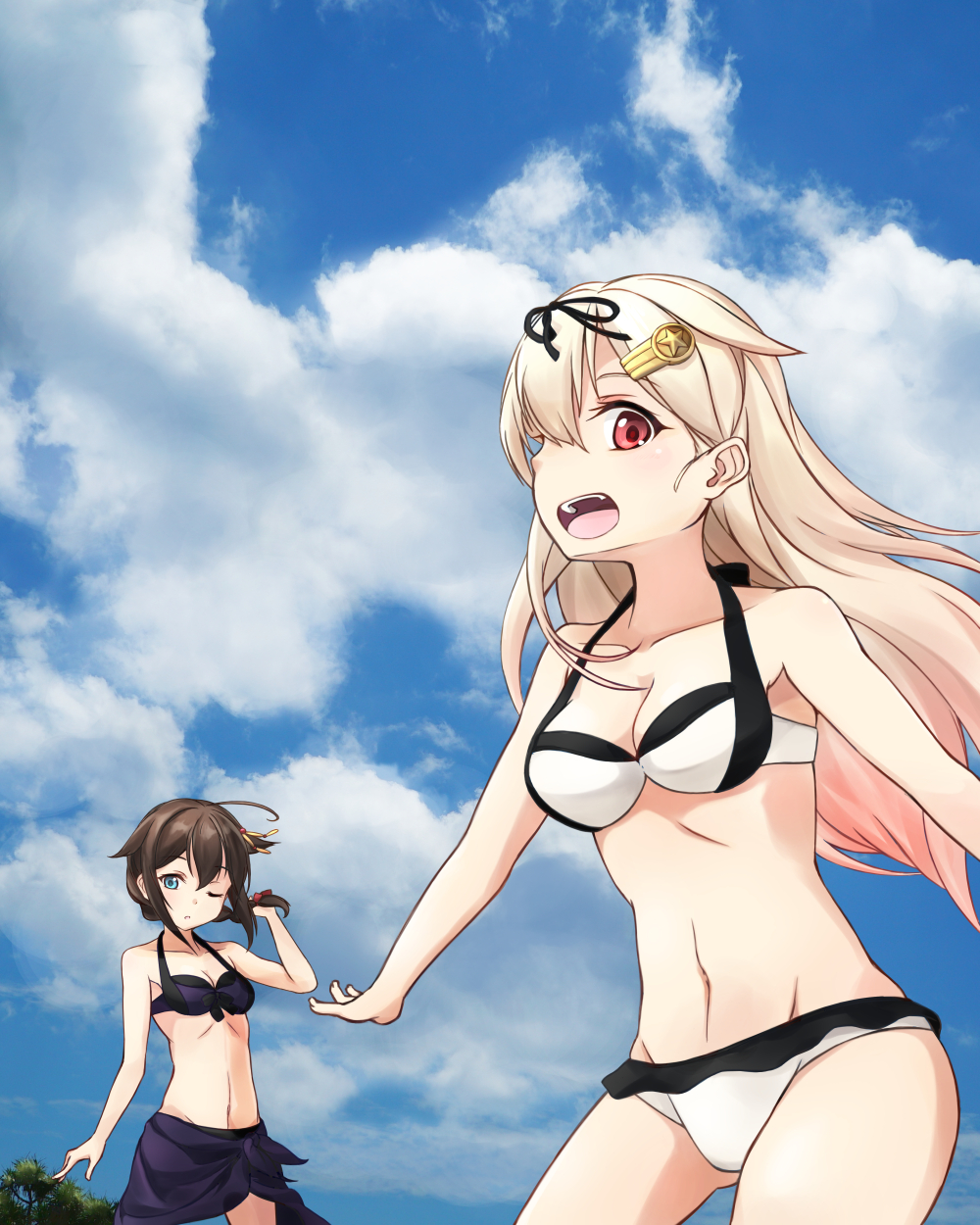 ahoge bikini black_hair black_ribbon black_sarong blonde_hair blue_eyes blue_sky braid breasts cleavage cloud collarbone commentary_request cowboy_shot day gradient_hair groin hair_flaps hair_ornament hair_over_shoulder hair_ribbon hairclip highres kantai_collection long_hair looking_at_viewer minosu multicolored_hair multiple_girls navel one_eye_closed open_mouth outdoors red_eyes remodel_(kantai_collection) ribbon sarong shigure_(kantai_collection) single_braid sky smile swimsuit tree white_bikini yuudachi_(kantai_collection)