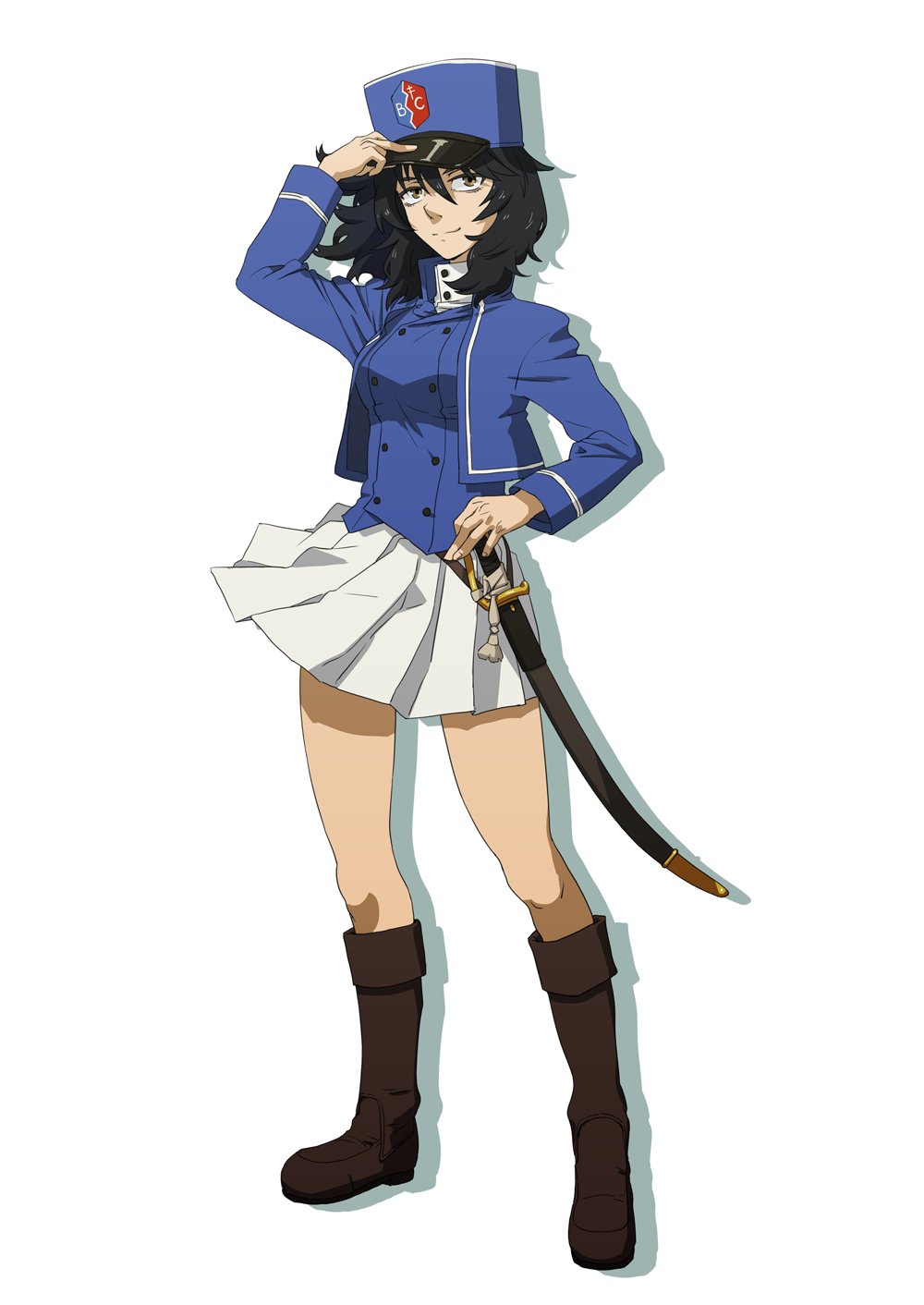 adjusting_clothes adjusting_hat andou_(girls_und_panzer) bangs bc_freedom_(emblem) bc_freedom_military_uniform black_footwear black_hair blue_hat blue_jacket blue_vest boots brown_eyes carrying closed_mouth commentary_request dark_skin dress_shirt emblem full_body girls_und_panzer hand_on_sword hat high_collar highres hp23 jacket knee_boots long_sleeves looking_at_viewer medium_hair messy_hair military military_hat military_uniform miniskirt pleated_skirt shadow shako_cap shirt simple_background skirt smile solo standing uniform vest white_background white_shirt white_skirt wind