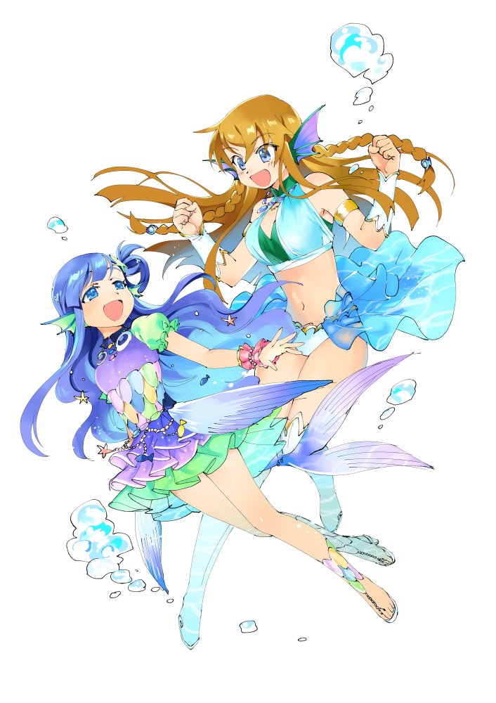 :d armband asari_nanami blue_eyes blue_hair braid bubble commentary crop_top crossover eyebrows_visible_through_hair fins fish_hair_ornament fish_tail frilled_skirt frills hair_ornament head_fins idol idolmaster idolmaster_cinderella_girls idolmaster_cinderella_girls_starlight_stage idolmaster_million_live! jewelry kousaka_umi light_brown_hair long_hair midriff miridereningen multiple_girls navel necklace open_mouth puffy_sleeves sandals side_ponytail simple_background skirt smile starfish_hair_ornament submerged tail underwater white_background