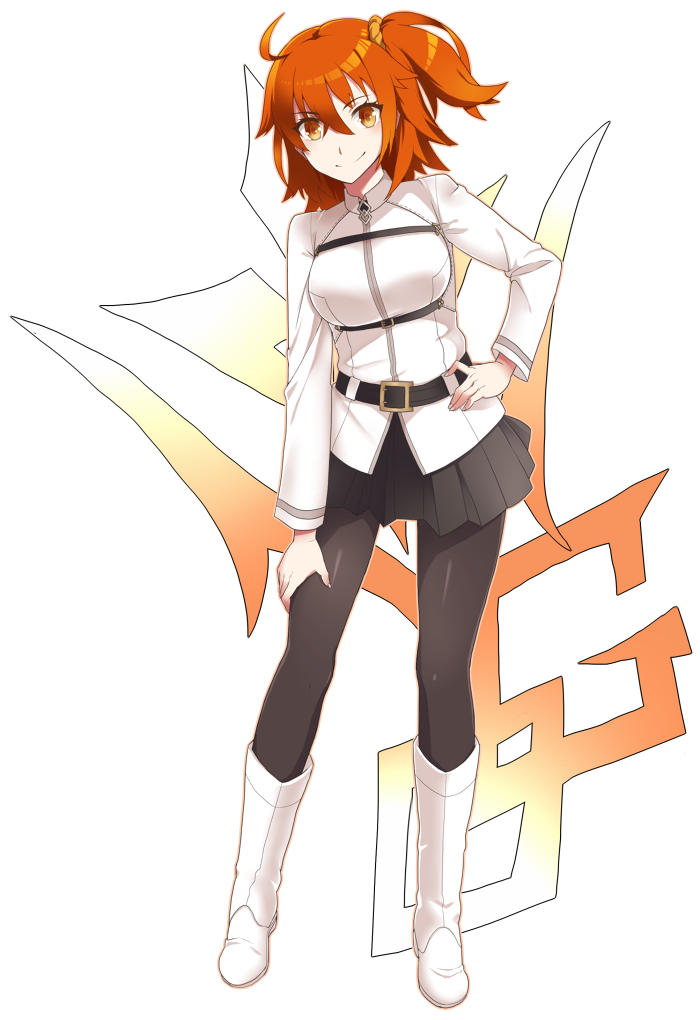 ahoge black_skirt boots breasts chaldea_uniform contrapposto eyebrows_visible_through_hair fate/grand_order fate_(series) fujimaru_ritsuka_(female) hair_between_eyes hand_on_hip knee_boots large_breasts nagidori orange_hair pantyhose short_hair skirt smile solo standing white_background