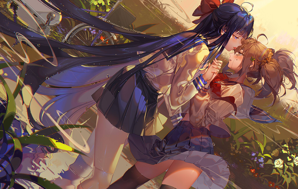 ahoge bicycle blue_flower blue_hair blue_skirt bow brown_hair collaboration commentary_request crying flower from_side ground_vehicle hair_bow hair_ornament hairclip holding_hands interlocked_fingers kawacy long_hair long_sleeves looking_at_another multiple_girls open_mouth orangesekaii parody pipimi plant pleated_skirt pond poptepipic popuko red_flower school_uniform skirt tears toki_wo_kakeru_shoujo tongue tongue_out twintails very_long_hair wading white_flower yuri
