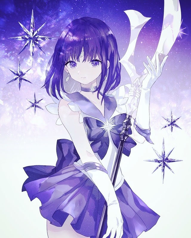 back_bow bishoujo_senshi_sailor_moon black_bow black_hair bow brooch choker circlet closed_mouth cowboy_shot elbow_gloves gloves gradient gradient_background holding holding_spear holding_weapon jewelry light_smile looking_at_viewer magical_girl monochrome natsuiro_xx pleated_skirt polearm purple purple_background purple_eyes purple_sailor_collar purple_skirt sailor_collar sailor_saturn sailor_senshi_uniform short_hair silence_glaive skirt solo spear star star_choker tomoe_hotaru weapon white_background white_gloves