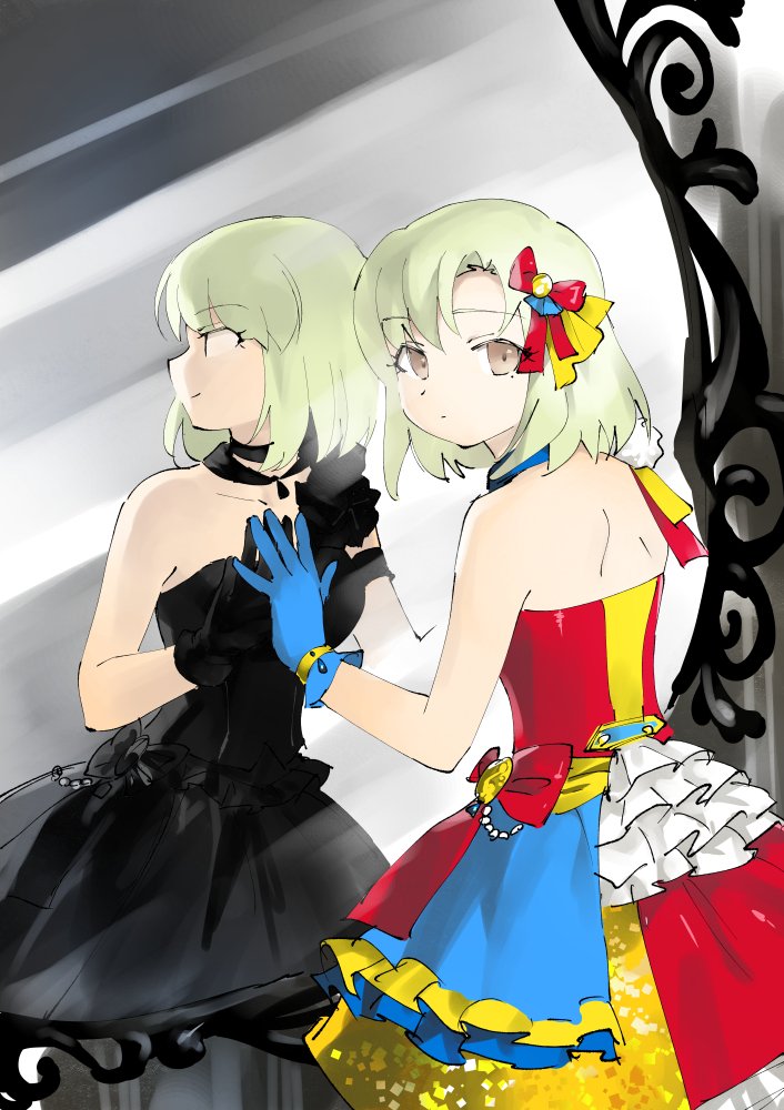 against_mirror back bangs bare_shoulders black_dress black_gloves blue_gloves brown_eyes colorful commentary different_reflection dress eyebrows_visible_through_hair gloves hand_on_mirror idolmaster idolmaster_(classic) idolmaster_stella_stage light_green_hair looking_at_viewer looking_back medium_hair miridereningen mirror mole mole_under_eye pale_skin red_dress reflection shiika_(idolmaster) sleeveless sleeveless_dress solo