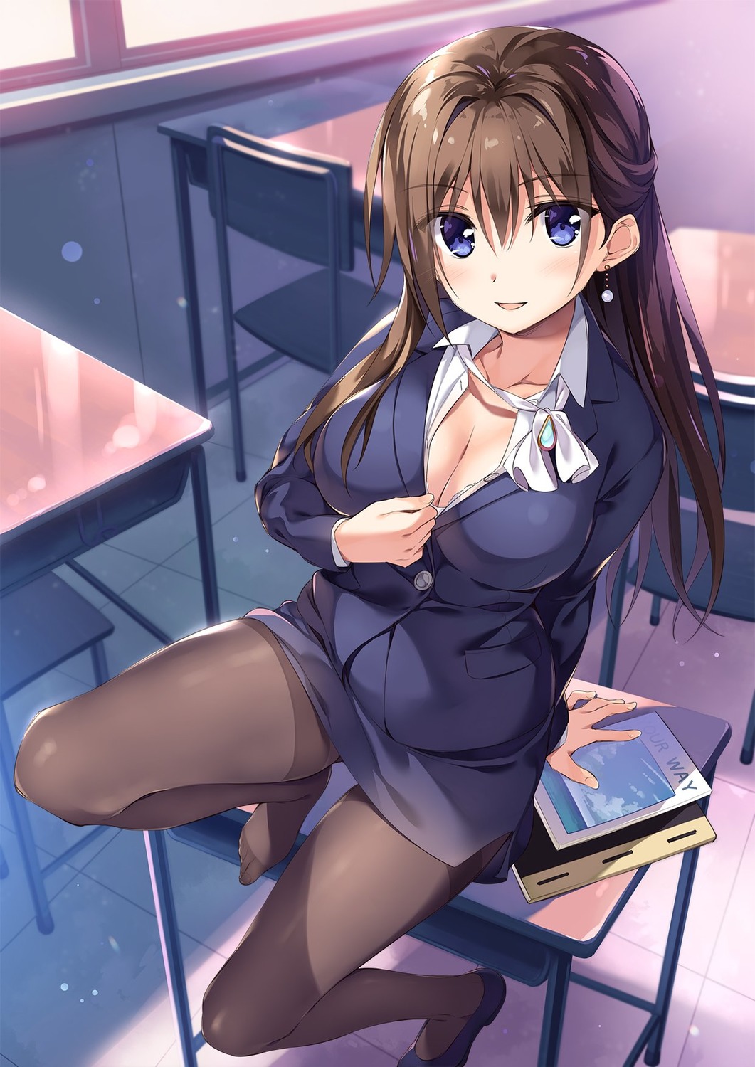 :d arm_support ascot bangs blue_eyes blue_footwear blue_jacket blue_skirt blurry blush bokeh boku_no_kanojo_sensei book bra bra_peek breasts brown_hair brown_legwear buttons chair classroom cleavage collarbone collared_shirt depth_of_field desk dutch_angle earrings eyebrows_visible_through_hair formal fujiki_maka full_body gem hair_between_eyes hair_intakes happy highres indoors jacket jewelry large_breasts long_hair long_sleeves looking_at_viewer miniskirt no_shoes on_desk open_clothes open_mouth open_shirt oryou pantyhose pearl_earrings pencil_skirt pocket pumps school school_chair school_desk shiny shiny_hair shirt shoes side_slit single_shoe sitting skirt skirt_suit smile solo straight_hair suit sunset teacher thighband_pantyhose tile_floor tiles unbuttoned underwear very_long_hair white_shirt window