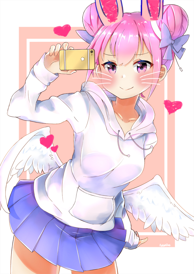 angel_wings animal_ears arm_up artist_name bangs blue_skirt blush borrowed_character bow breasts cellphone closed_mouth dadadada_tenshi double_bun eyebrows_visible_through_hair feathered_wings hair_between_eyes hair_bow heart holding holding_cellphone holding_phone hood hood_down hoodie long_sleeves low_wings medium_breasts original phone pink_eyes pink_hair pleated_skirt purple_bow side_bun sidelocks skirt sleeves_past_wrists smile solo star sylphine whiskers white_hoodie white_wings wings
