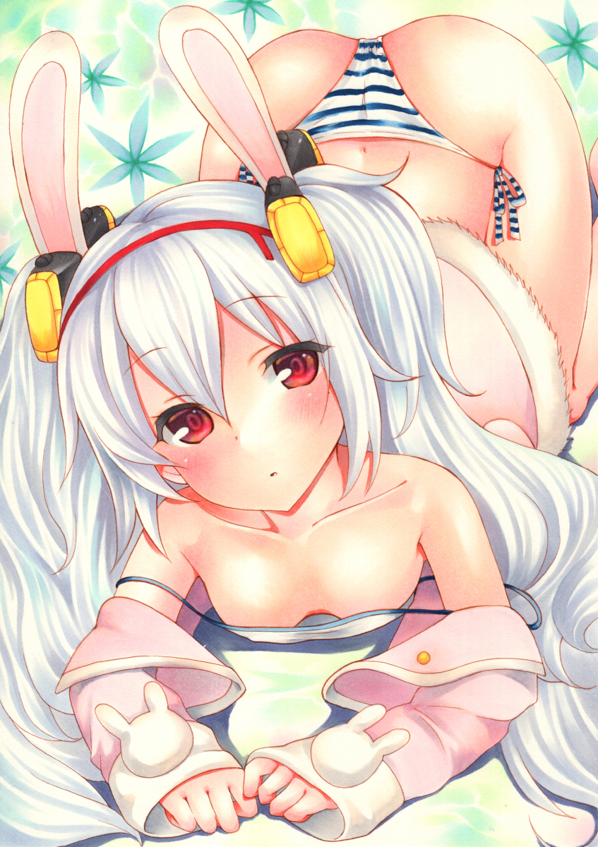 all_fours animal_ears azur_lane bangs bare_shoulders blush breasts bunny_ears eyebrows_visible_through_hair eyes_visible_through_hair fake_animal_ears hair_between_eyes hairband head_tilt highres laffey_(azur_lane) long_hair long_sleeves looking_at_viewer marker_(medium) panties red_eyes red_hairband side-tie_panties sleeves_past_wrists small_breasts solo strap_slip striped striped_panties traditional_media twintails underwear white_hair yoruoujito-tsukinohime