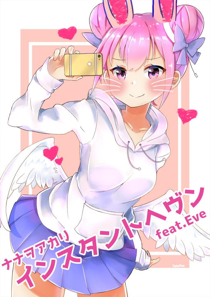 angel_wings animal_ears arm_up artist_name bangs blue_skirt blush borrowed_character bow breasts cellphone closed_mouth dadadada_tenshi double_bun eyebrows_visible_through_hair feathered_wings hair_between_eyes hair_bow heart holding holding_cellphone holding_phone hood hood_down hoodie long_sleeves low_wings medium_breasts original phone pink_eyes pink_hair pleated_skirt purple_bow side_bun sidelocks skirt sleeves_past_wrists smile solo star sylphine translation_request whiskers white_hoodie white_wings wings