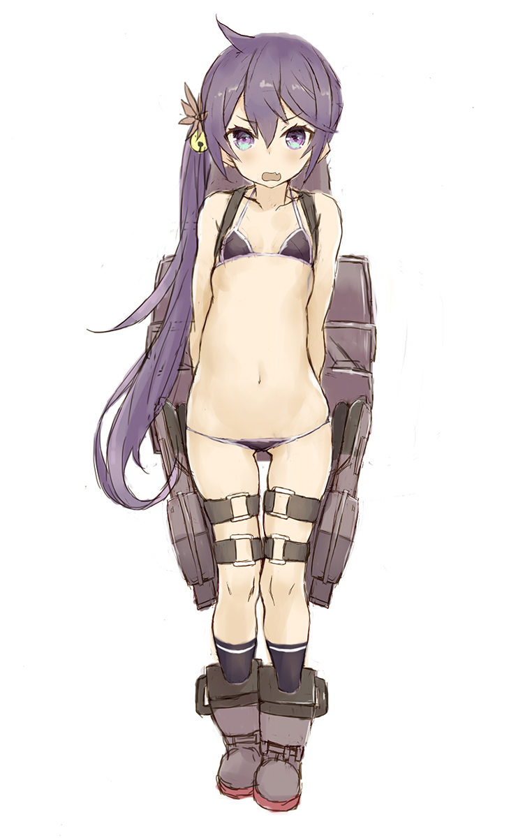 akebono_(kantai_collection) arms_behind_back bare_arms bell bikini black_legwear blush eyebrows_visible_through_hair flat_chest flower full_body goekawa hair_bell hair_between_eyes hair_flower hair_ornament highres jingle_bell kantai_collection kneehighs long_hair looking_at_viewer micro_bikini navel open_mouth purple_bikini purple_eyes purple_hair shoes side_ponytail simple_background solo standing swimsuit thigh_strap torpedo torpedo_tubes twitter_username very_long_hair white_background