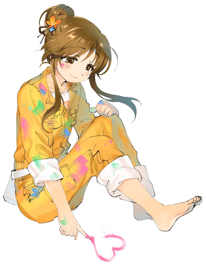 bangs barefoot brown_eyes brown_hair commentary dot_nose eyebrows_visible_through_hair finger_painting flower hair_bun hair_flower hair_ornament heart idolmaster idolmaster_cinderella_girls idolmaster_cinderella_girls_starlight_stage jumpsuit looking_down miridereningen on_floor paint paint_on_clothes paint_on_face paint_splatter sidelocks simple_background sitting solo takamori_aiko white_background