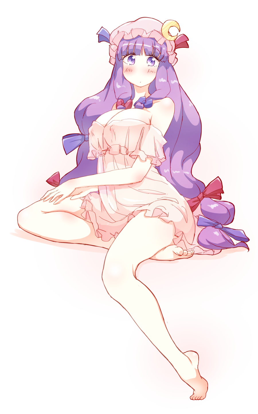 bare_legs bare_shoulders barefoot blush breasts chemise cleavage covered_nipples eyebrows_visible_through_hair hair_ribbon hand_on_own_thigh hat highres large_breasts long_hair mob_cap no_nose non_(z-art) off_shoulder patchouli_knowledge purple_eyes purple_hair ribbon simple_background touhou very_long_hair