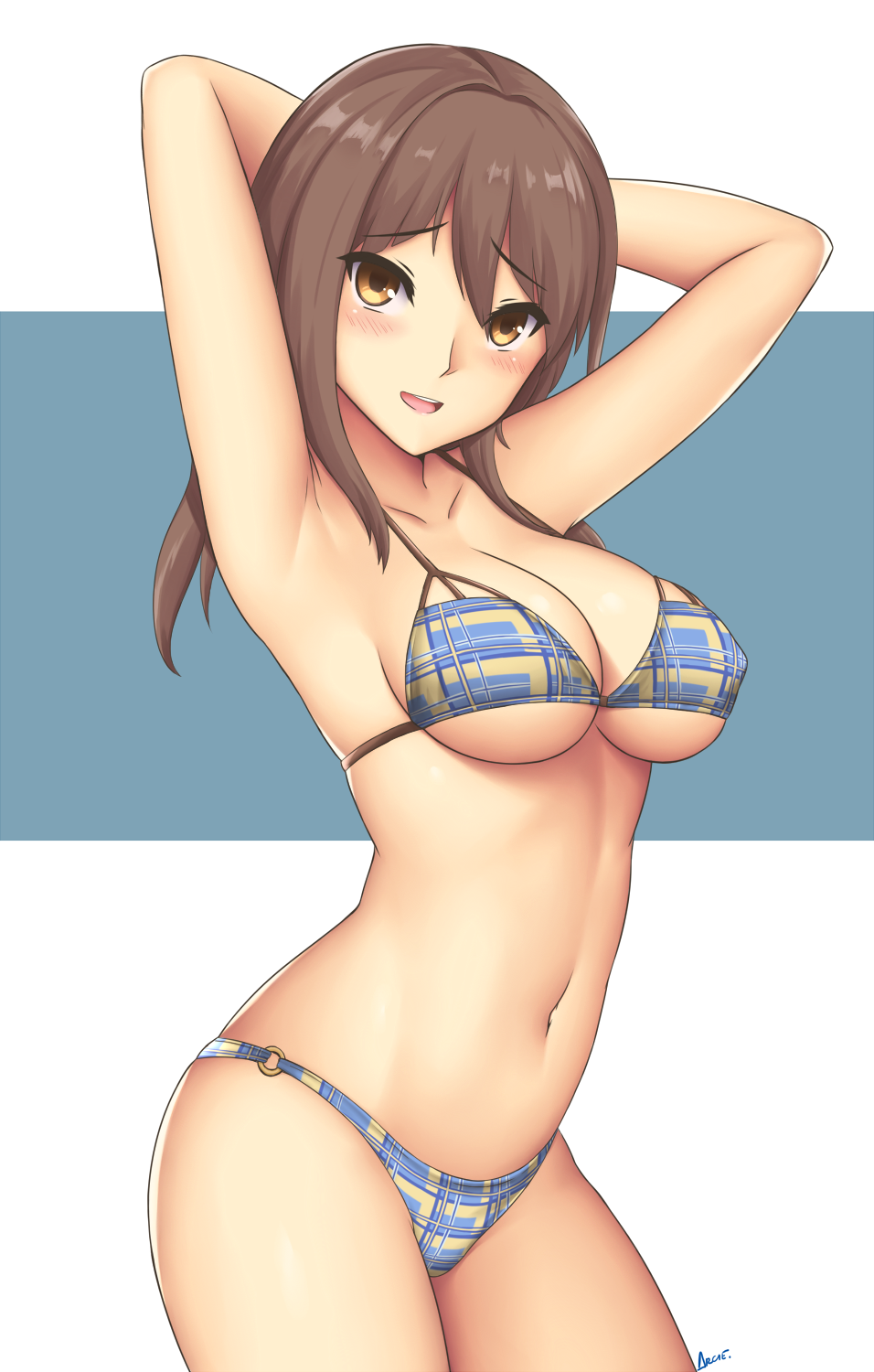 arciealbano armpits arms_behind_head bikini blue_background blue_bikini breasts brown_eyes brown_hair commentary_request cowboy_shot harukana_receive highres long_hair looking_at_viewer medium_breasts oozora_haruka_(harukana_receive) plaid plaid_bikini solo standing swimsuit two-tone_background white_background