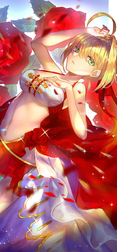 ahoge blonde_hair breasts cleavage commentary_request dutch_angle emoillu fate/grand_order fate_(series) flower green_eyes hair_intakes hand_on_own_chest hand_on_own_head large_breasts leaf navel nero_claudius_(fate)_(all) rose solo waist_cape