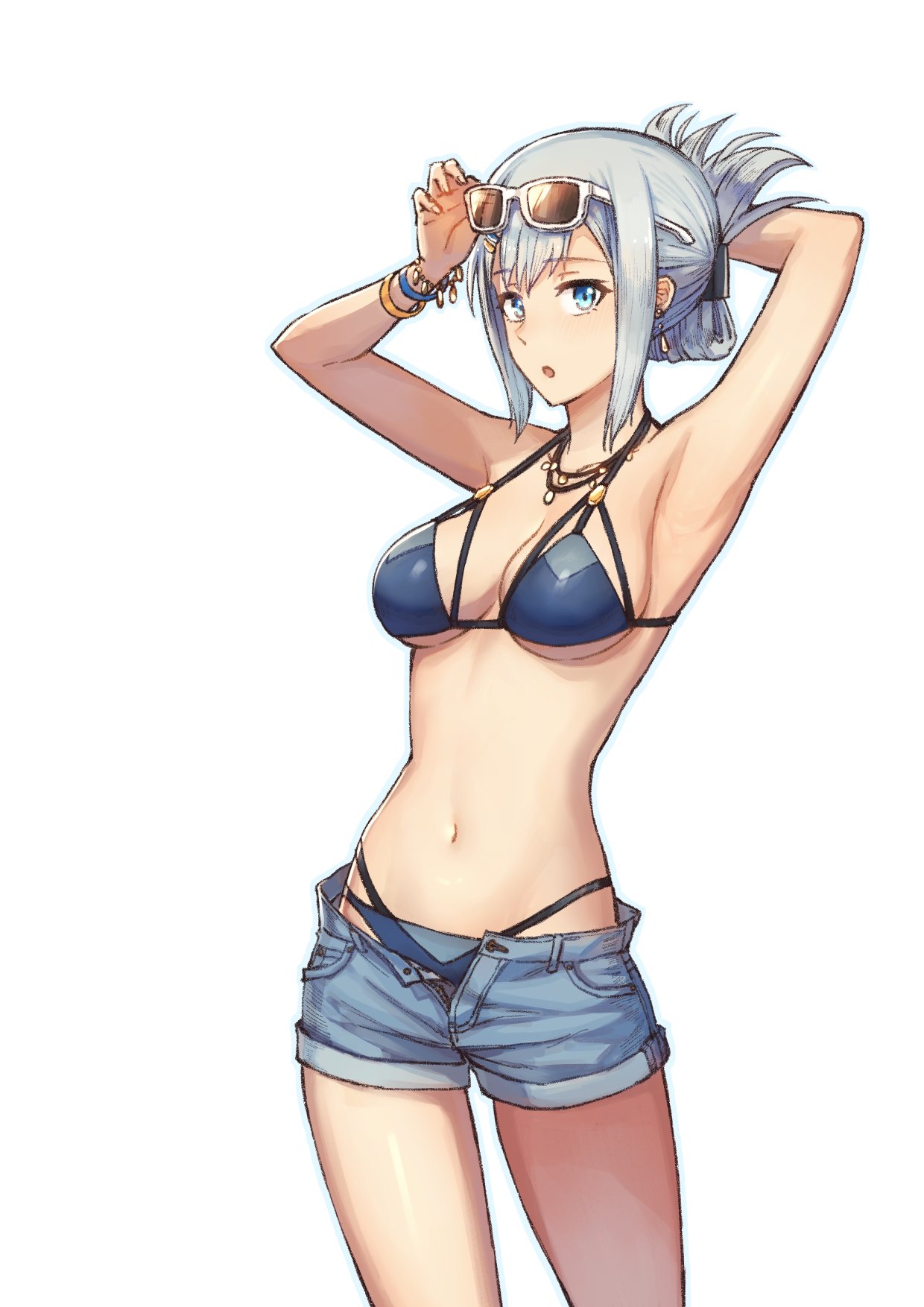 :o arm_behind_head armpits arms_up bangs bare_shoulders bikini bikini_under_clothes blue_bikini blue_eyes blue_shorts bracelet breasts cleavage collarbone commentary cowboy_shot denim denim_shorts earrings emoto_reishi eyewear_on_head folded_ponytail hair_between_eyes hand_on_eyewear highres jewelry large_breasts navel necklace open_clothes open_fly open_shorts original parted_lips short_shorts shorts sidelocks silver_hair simple_background solo standing swimsuit underboob white-framed_eyewear white_background