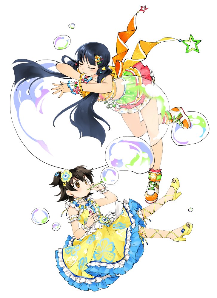 akagi_miria akagi_miria_(cosplay) alternate_color bangs bare_legs black_hair blunt_bangs brown_eyes bubble bubble_blowing closed_eyes commentary cosplay costume_switch crop_top crossover dot_nose dress floating flower frilled_dress frilled_skirt frills hair_flower hair_ornament hairclip half_updo high_heels idol idolmaster idolmaster_cinderella_girls idolmaster_cinderella_girls_starlight_stage idolmaster_million_live! idolmaster_million_live!_theater_days kitakami_reika kitakami_reika_(cosplay) leaning_forward long_hair midriff miridereningen multiple_girls oversized_object shoes short_hair short_twintails simple_background skirt sleeveless sleeveless_dress smile sneakers twintails very_long_hair white_background yellow_dress yellow_footwear