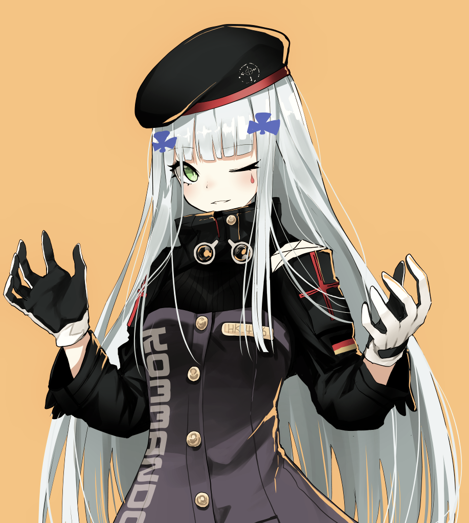 bangs beret blunt_bangs blush breasts buttons character_name clothes_writing commentary eyebrows_visible_through_hair facial_mark german_flag girls_frontline gloves green_eyes hair_ornament hands_up hat hk416_(girls_frontline) jacket long_hair long_sleeves looking_at_viewer medium_breasts name_tag naruwe one_eye_closed orange_background parted_lips sidelocks silver_hair simple_background smile solo teardrop very_long_hair