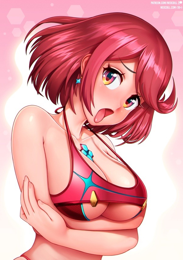 alternate_costume arms_under_breasts bangs bare_shoulders bikini_top blush breast_hold breasts cleavage crop_top crossed_arms earrings homura_(xenoblade_2) jewelry large_breasts looking_at_viewer naughty_face open_mouth red_eyes red_hair short_hair smile solo swept_bangs tongue tongue_out underboob upper_body watermark xenoblade_(series) xenoblade_2