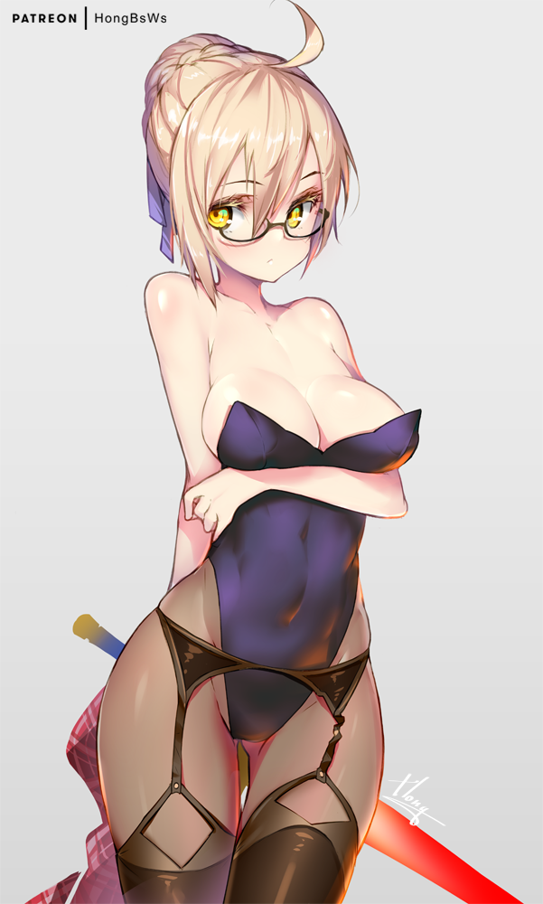 ahoge alternate_costume arm_under_breasts artist_name artoria_pendragon_(all) black_legwear black_leotard blush braid breast_hold breasts commentary_request covered_navel cowboy_shot eyebrows_visible_through_hair eyelashes fate/grand_order fate_(series) french_braid garter_belt glasses grey_background hair_between_eyes hong_(white_spider) leotard looking_at_viewer medium_breasts mysterious_heroine_x_(alter) off_shoulder pantyhose patreon_username plaid plaid_scarf scarf semi-rimless_eyewear simple_background solo strapless strapless_leotard thighhighs under-rim_eyewear underwear underwear_only yellow_eyes