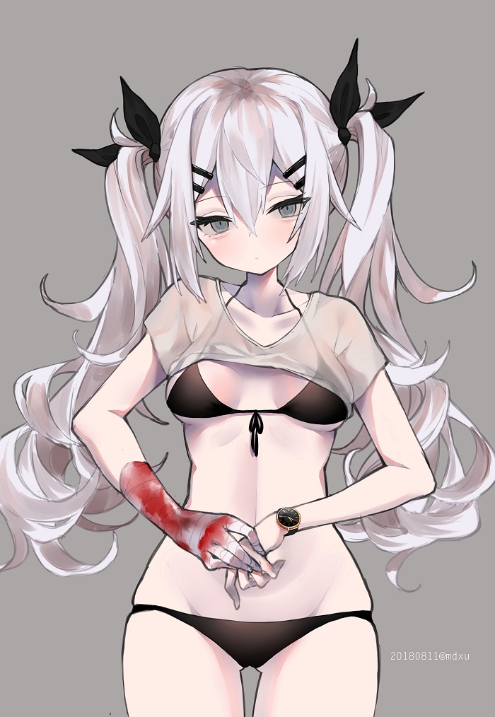ass_visible_through_thighs bandaged_arm bandages bangs bikini black_bikini black_ribbon blood bloody_bandages blush breasts closed_mouth collarbone dated eyebrows_visible_through_hair front-tie_bikini front-tie_top grey_background grey_eyes hair_between_eyes hair_ornament hair_ribbon hairclip head_tilt long_hair looking_at_viewer medium_breasts mimelond original ribbon see-through short_sleeves sidelocks silver_hair simple_background solo swimsuit twintails very_long_hair watch wristwatch