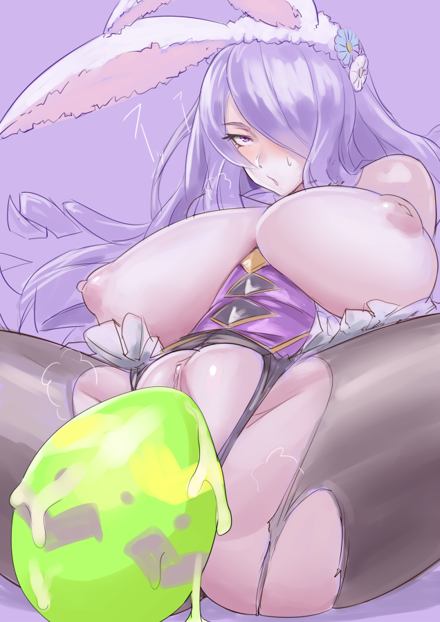 alternate_costume animal_ears areolae bare_shoulders black_legwear blush breasts breasts_outside breath bunny_ears camilla_(fire_emblem_if) clitoral_hood clitoris commentary easter easter_egg egg egg_laying english_commentary fake_animal_ears fire_emblem fire_emblem_heroes fire_emblem_if frilled_leotard frills gold_trim hair_over_one_eye heavy_breathing huge_breasts inverted_nipples leotard leotard_pull long_hair mikoyan nipples no_panties pantyhose puffy_nipples purple_background purple_eyes purple_hair pussy reclining sagging_breasts simple_background solo spread_legs steaming_body strapless strapless_leotard sweatdrop torn_clothes torn_legwear torn_leotard very_long_hair