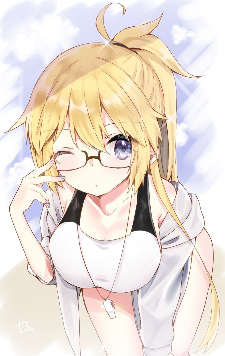 abe_suke bangs bare_shoulders bespectacled blonde_hair blue_nails blush breasts casual_one-piece_swimsuit closed_mouth commentary_request eyebrows_visible_through_hair fate/grand_order fate_(series) fingernails glasses glint hair_between_eyes hood hood_down hooded_jacket jacket jeanne_d'arc_(fate)_(all) jeanne_d'arc_(swimsuit_archer) large_breasts leaning_forward long_hair long_sleeves looking_at_viewer nail_polish off_shoulder one-piece_swimsuit one_eye_closed ponytail purple_eyes signature solo swimsuit whistle white_hair white_swimsuit