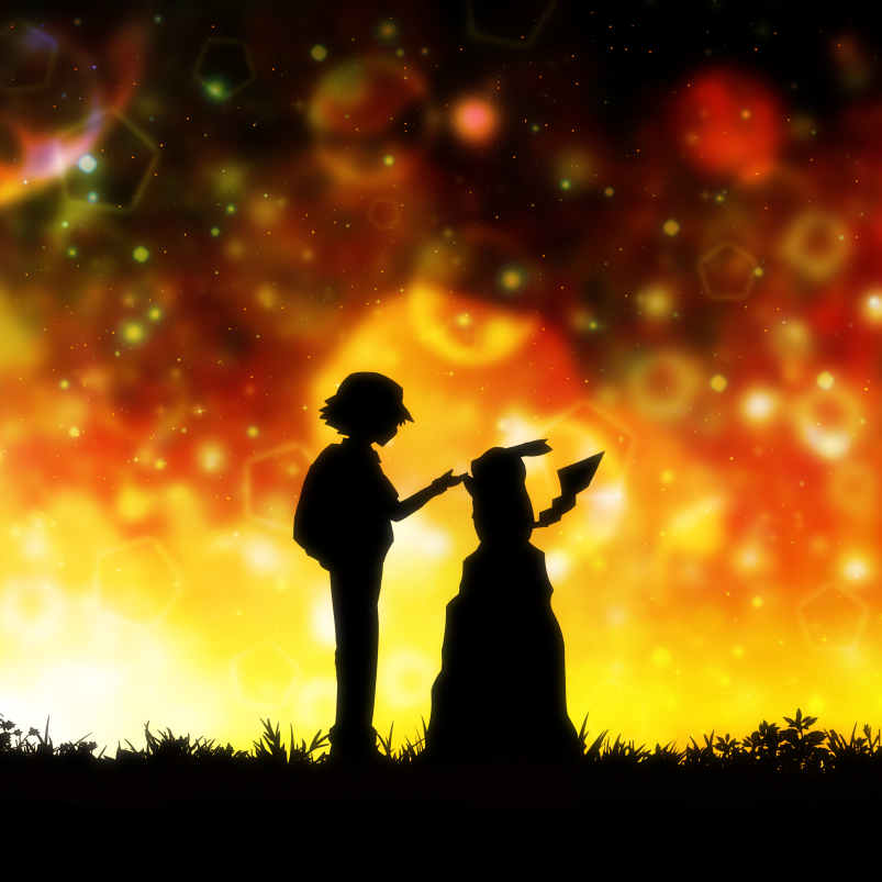 backlighting backpack bag blurry bokeh commentary_request depth_of_field from_side gen_1_pokemon grass harada_miyuki hat holding_hands outdoors pikachu pokemon pokemon_(anime) pokemon_(creature) rock satoshi_(pokemon) silhouette sparkle spiked_hair standing