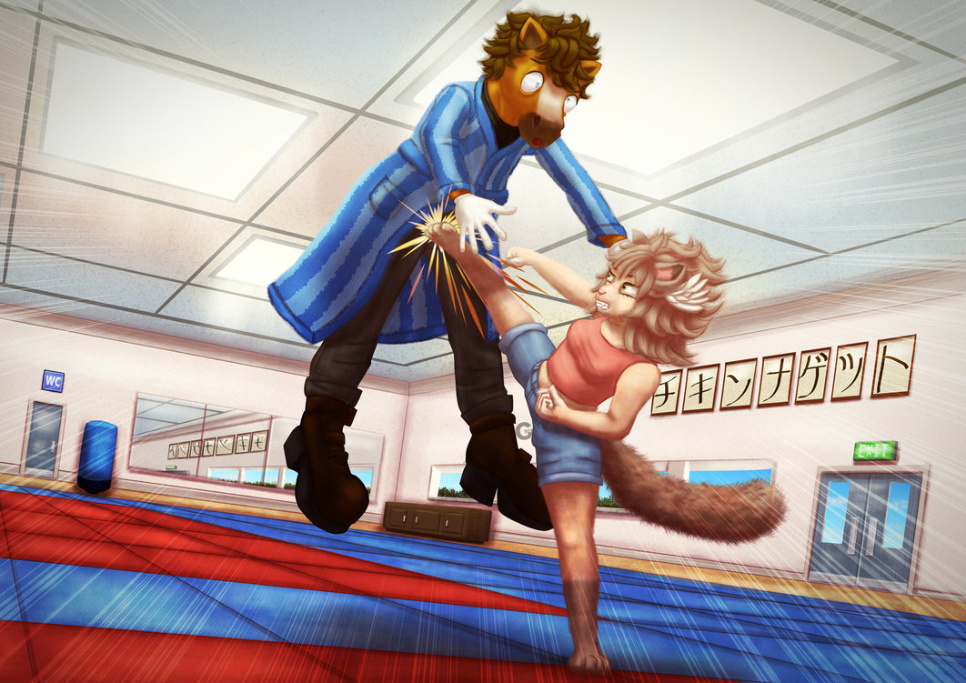 anthro ballbusting better_version_at_source boots brown_fur cat clothing cock_and_ball_torture equine feline female fight footwear fur gym horse humor japanese_text kick mammal pain text wide_eyed