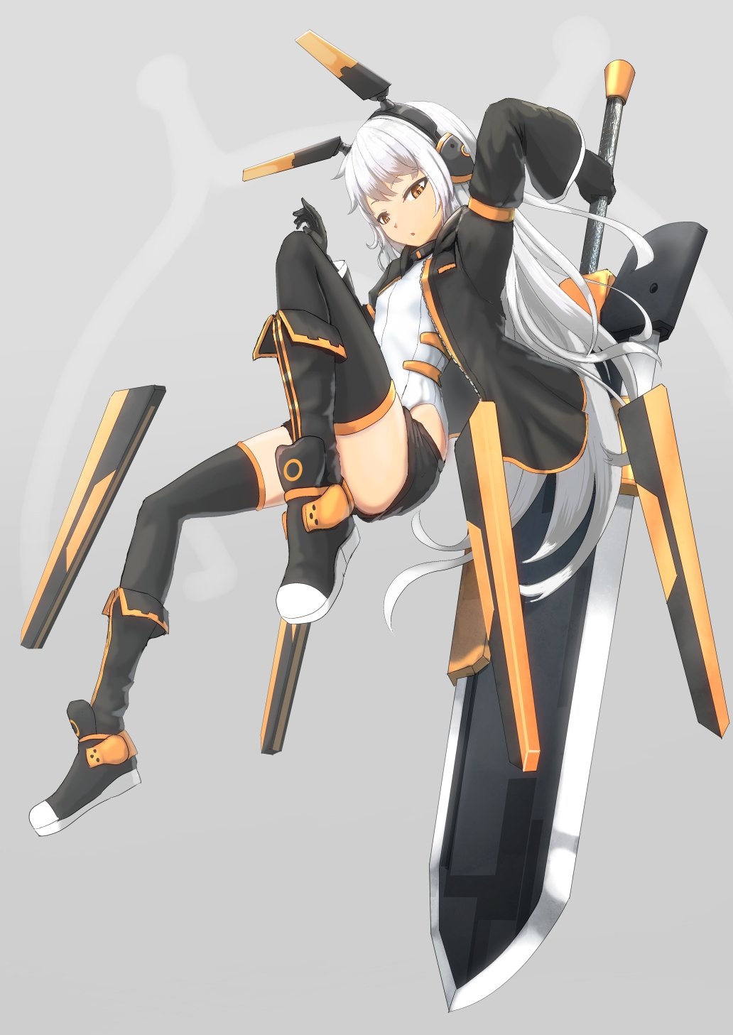 boots collar full_body gloves grey_background headgear highres holding holding_weapon jacket leotard long_hair namako_(namacotan) open_clothes open_jacket orange_eyes original shorts solo sword thighhighs weapon white_hair