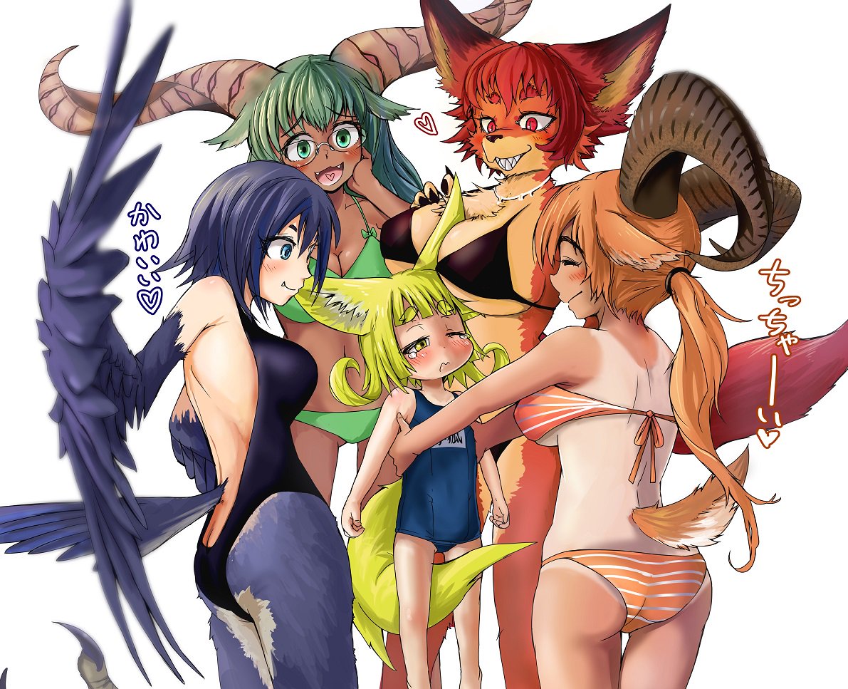 ass bangs between_breasts bikini black_bikini blonde_hair blue_swimsuit blue_wings breasts check_translation cleavage collarbone commentary_request doitsuken eyebrows_visible_through_hair feathered_wings feathers fox_child_(doitsuken) furry green_hair harpy horns large_breasts long_hair monster_girl name_tag navel old_school_swimsuit one-piece_swimsuit orange_hair original red_hair school_swimsuit side-tie_bikini simple_background swimsuit tail talons tan tanline translation_request white_background white_bikini winged_arms wings yellow_eyes