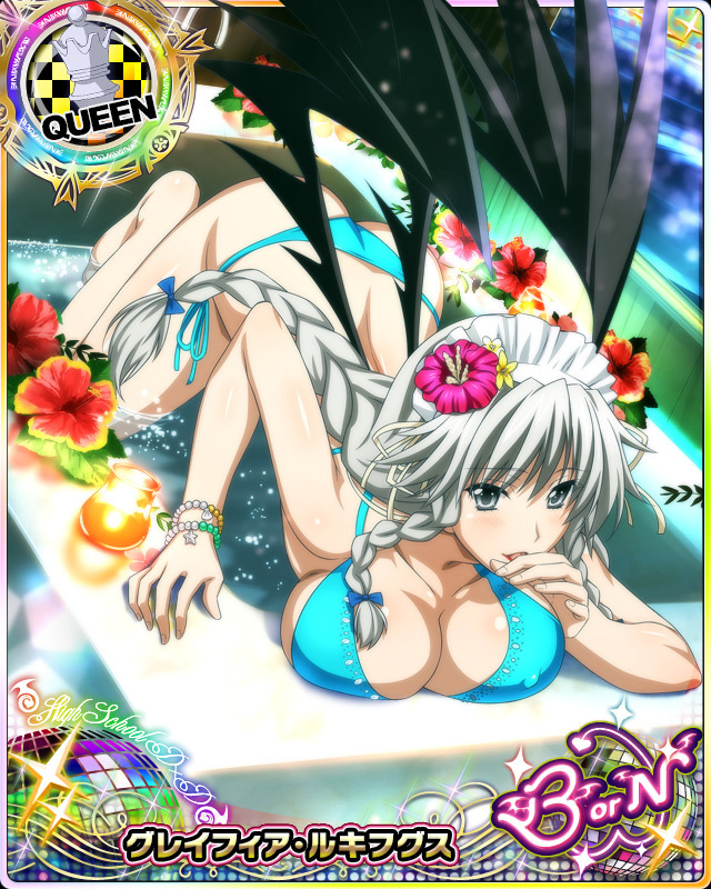 artist_request bikini bracelet braid breasts card_(medium) character_name chess_piece covered_nipples demon_wings flower grayfia_lucifuge grey_eyes grey_hair hair_flower hair_ornament high_school_dxd high_school_dxd_born jewelry large_breasts lipstick long_hair maid_headdress makeup official_art queen_(chess) red_lipstick solo swimsuit trading_card twin_braids wings