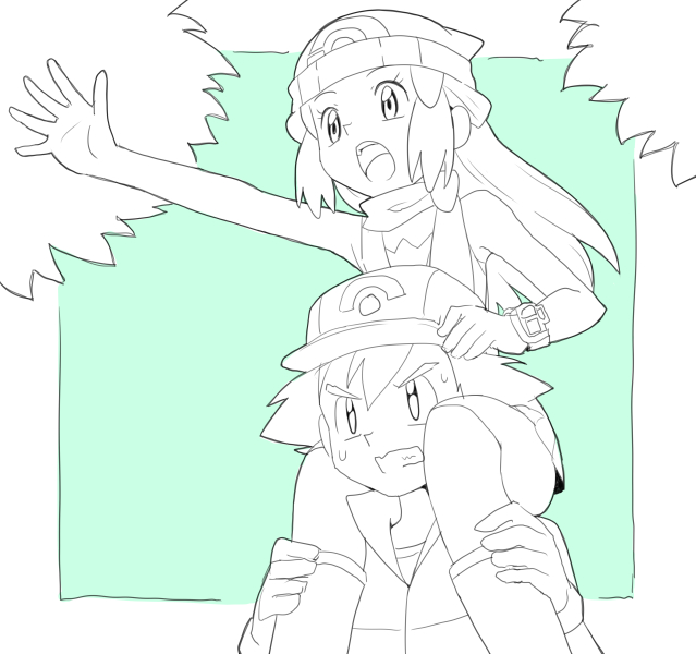 1boy 1girl annoyed arm_up bare_shoulders baseball_cap beanie boots carrying clenched_teeth creatures_(company) game_freak gloves green_background hair_ornament hairclip hands_up hat hikari_(pokemon) long_hair monochrome natsunagi_takaki nintendo open_mouth outstretched_arm piggyback poke_ball_theme pokemon pokemon_(anime) pokemon_dp_(anime) satoshi_(pokemon) scarf shirt short_hair sketch skirt sleeveless sleeveless_shirt sweat teeth watch wristwatch
