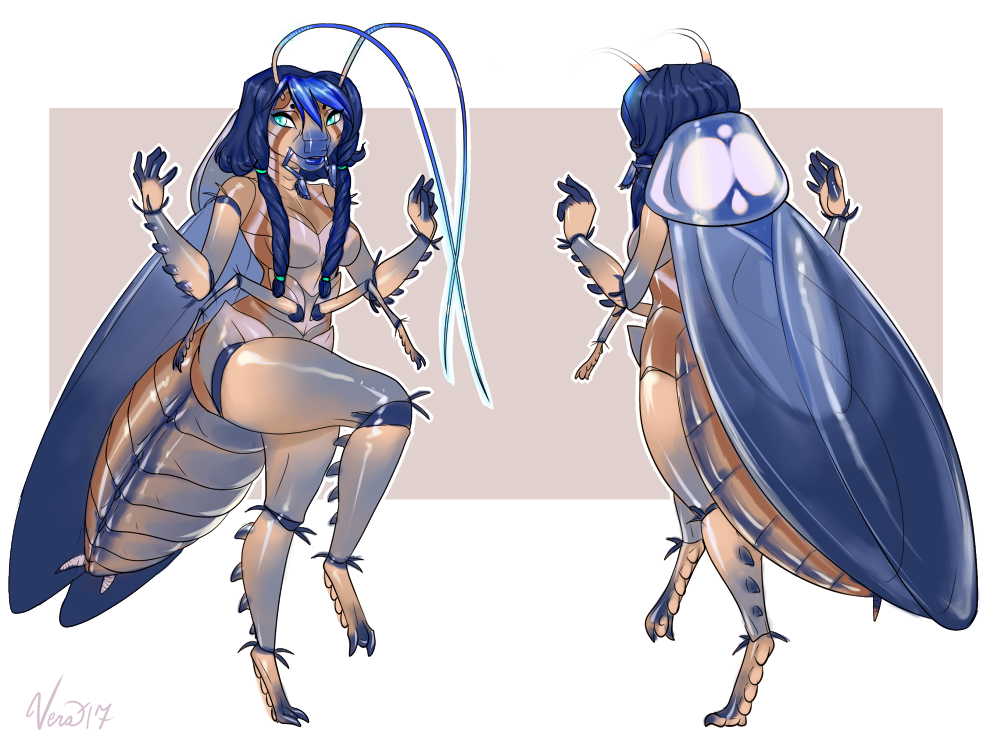 2018 antennae anthro arthropod blue_eyes blue_hair braided_hair breasts cockroach exoskeleton eyelashes eyeliner featureless_breasts female hair hair_tie insect long_hair makeup model_sheet non-mammal_breasts nude smile solo vera_(artist) wings