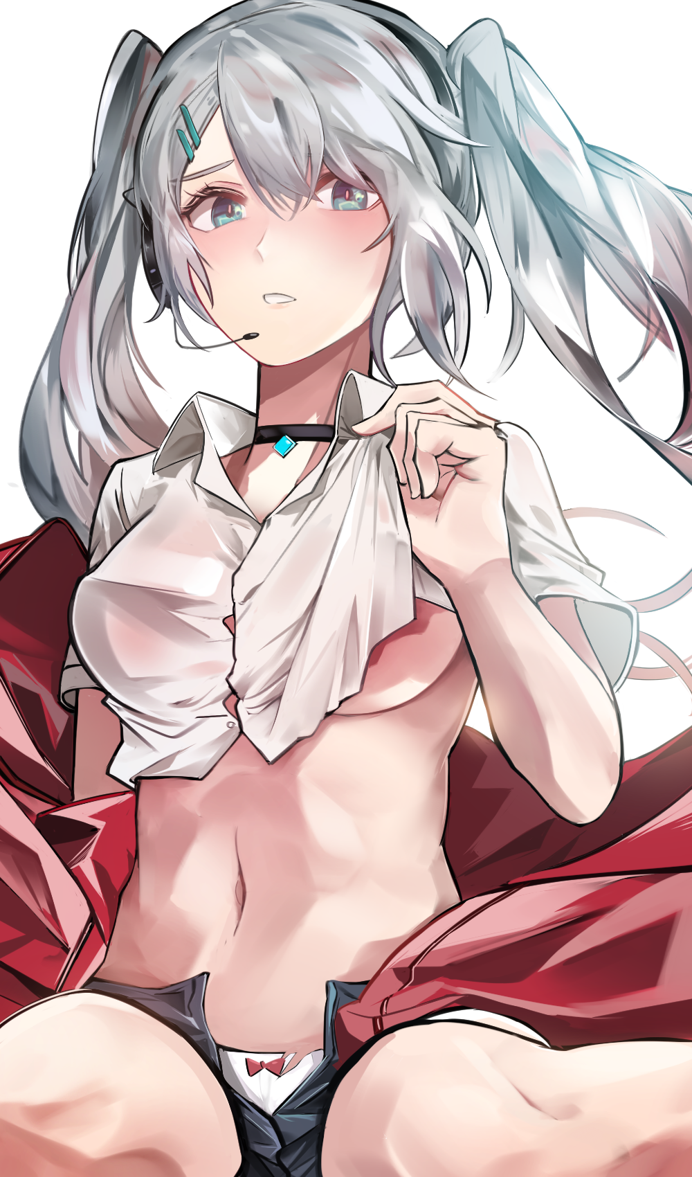aqua_eyes black_legwear blush bow bow_panties breasts choker cizzi commentary_request crop_top girls_frontline gloves hair_between_eyes hair_ornament hairclip headset highres jacket lifted_by_self long_hair looking_at_viewer lwmmg_(girls_frontline) midriff multicolored_hair off_shoulder panties parted_lips shirt short_shorts shorts silver_hair sitting solo thighhighs twintails two-tone_hair underwear wariza white_panties white_shirt
