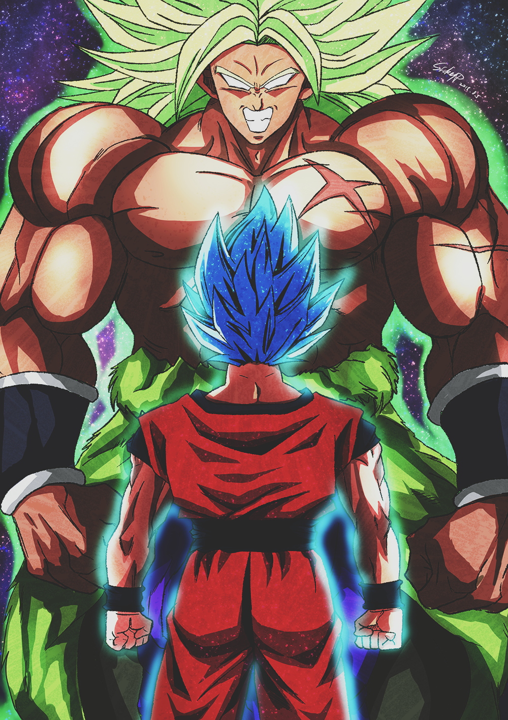 blue_hair broly_(dragon_ball_super) clenched_hands derivative_work dougi dragon_ball dragon_ball_super dragon_ball_super_broly evil_grin evil_smile facing_away green_hair grin height_difference highres male_focus multiple_boys muscle no_pupils scar shiki_(soxcity) shirtless short_hair smile son_gokuu spiked_hair star starry_background super_saiyan_blue teeth wallpaper wristband