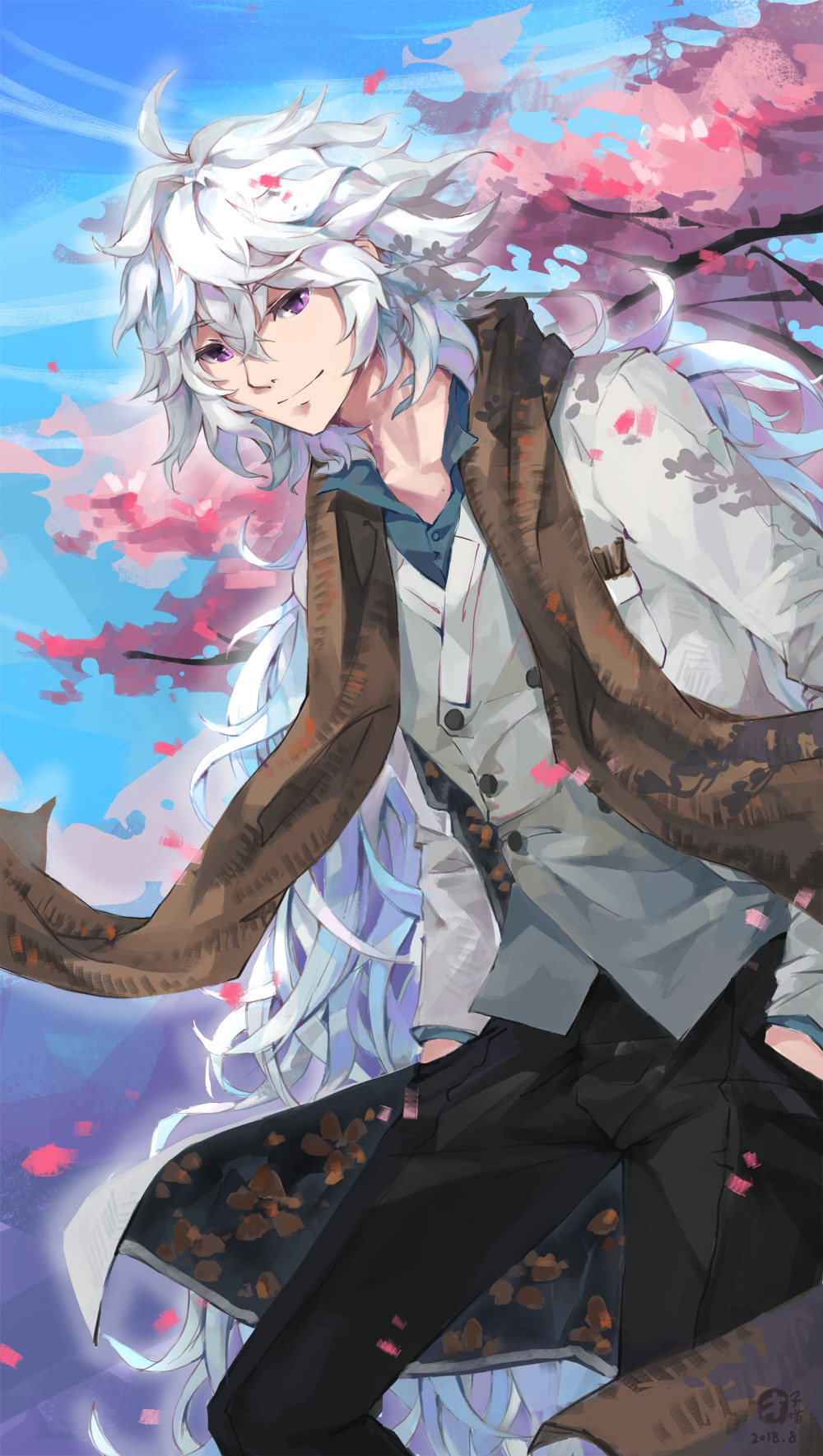 blue_sky cherry_blossoms day fate/grand_order fate_(series) hands_in_pockets highres long_hair looking_at_viewer male_focus merlin_(fate) petals purple_eyes scarf sky smile solo suit_jacket tuanzi_miao white_hair