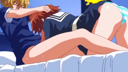 10s 1boy 1girl animated animated_gif ass bed censored chinatsu_(swing_out_sisters) fellatio hands_on_head hetero incest irrumatio oral panties penis short_hair striped striped_panties sweat swing_out_sisters underwear