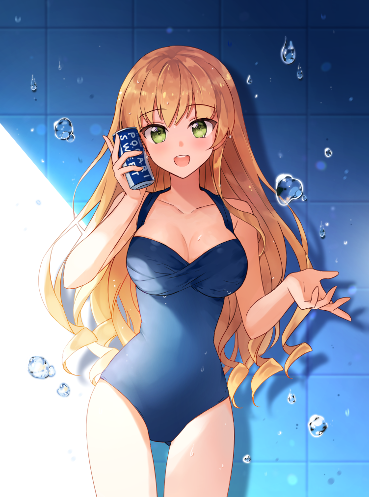 :d ass_visible_through_thighs bangs blonde_hair blue_swimsuit breasts can casual_one-piece_swimsuit cleavage commentary cowboy_shot day energy_drink eyebrows_visible_through_hair green_eyes hand_up happy hips holding holding_can long_hair looking_at_viewer mameris2 medium_breasts one-piece_swimsuit open_mouth original pocari_sweat product_placement shade slender_waist smile solo standing sunlight swimsuit tile_wall tiles water_drop wet