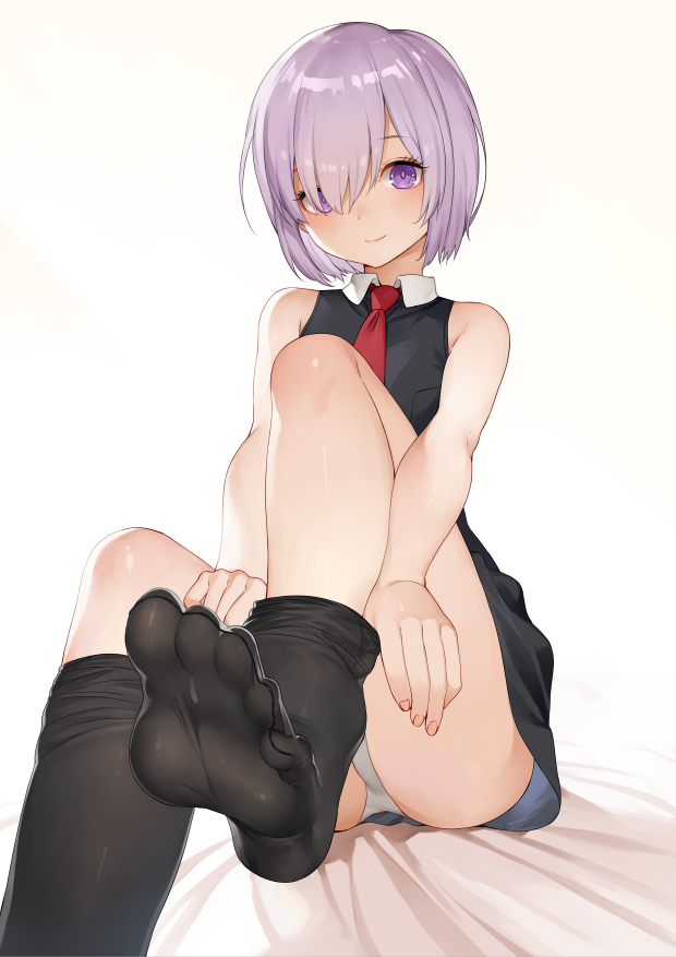 bare_shoulders black_legwear black_shirt black_skirt collared_shirt commentary eyebrows_visible_through_hair eyes_visible_through_hair fate/grand_order fate_(series) feet foreshortening haijin hair_over_one_eye lavender_hair looking_at_viewer mash_kyrielight miniskirt necktie pantyhose purple_eyes shiny shiny_skin shirt short_hair sitting skirt sleeveless sleeveless_shirt soles solo thighs toes