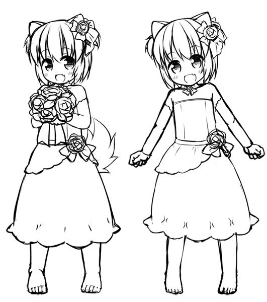 :d animal_ears bangs bare_shoulders barefoot blush bouquet commentary_request detached_sleeves dog_ears dress eyebrows_visible_through_hair fang flower greyscale hair_flower hair_ornament haru_(inuarashi) head_tilt holding holding_bouquet inuarashi long_sleeves looking_at_viewer monochrome multiple_views open_mouth original rose short_hair simple_background smile standing strapless strapless_dress white_background