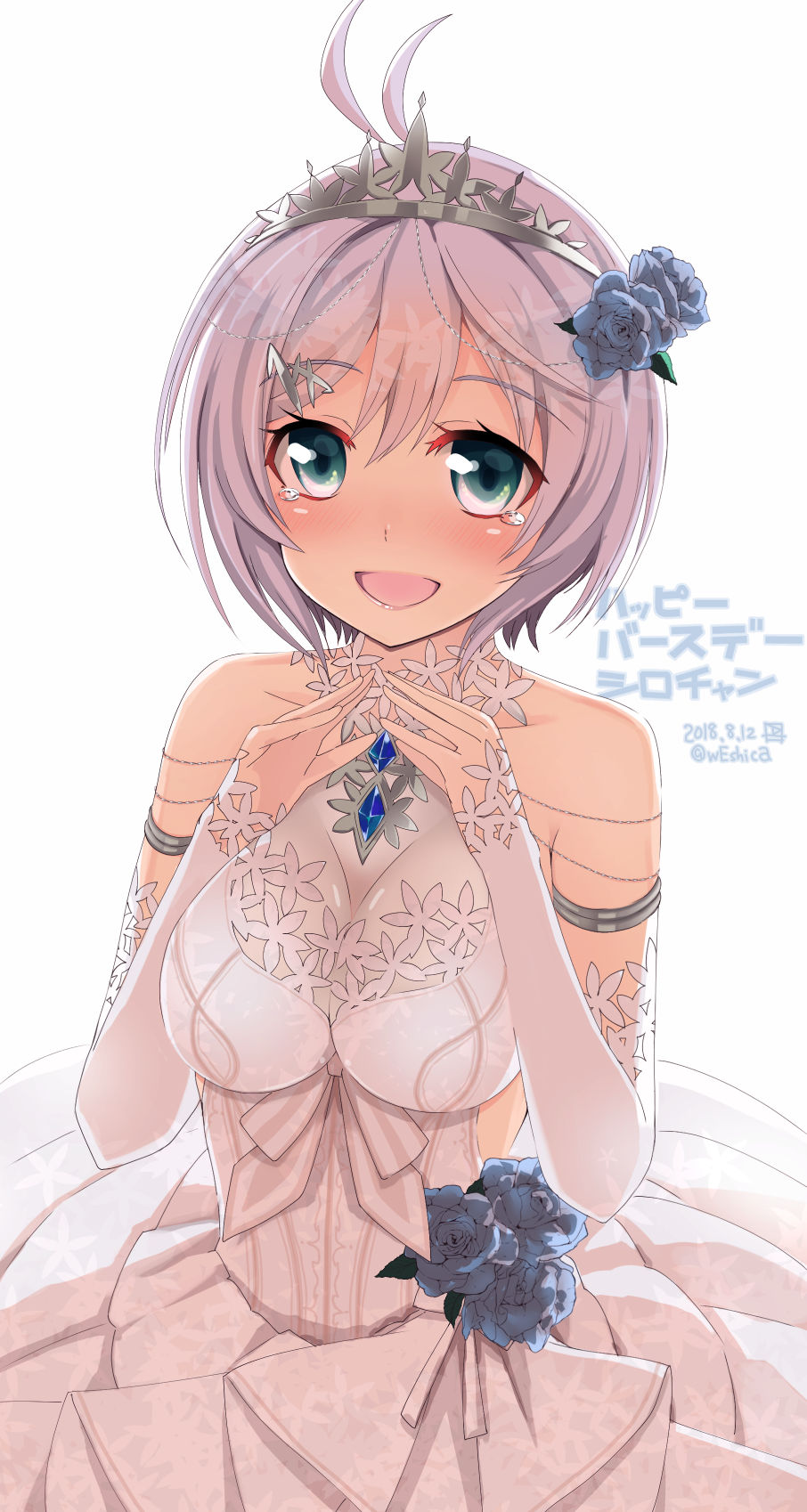 antenna_hair armlet bangs bare_shoulders blue_eyes blue_flower blue_rose blush breast_squeeze breasts cleavage commentary_request cowboy_shot dated dennou_shoujo_youtuber_shiro detached_sleeves dress eyebrows_visible_through_hair flower gem grey_hair hair_between_eyes hair_flower hair_ornament hairclip hands_up happy_tears highres large_breasts lips long_sleeves looking_at_viewer rose rose_hair_ornament shiro_(dennou_shoujo_youtuber_shiro) short_hair simple_background solo tears tiara translated twitter_username virtual_youtuber weshika white_background white_dress