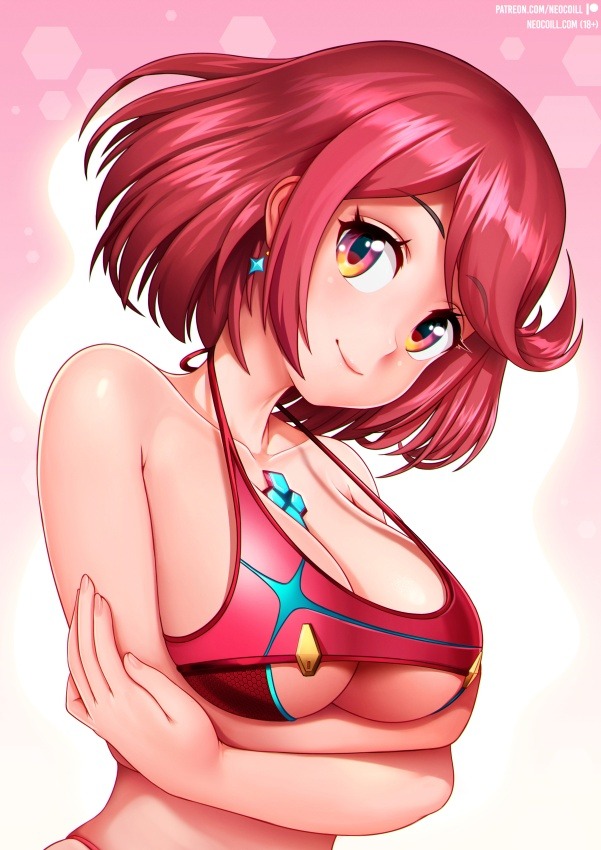 alternate_costume arms_under_breasts bangs bare_shoulders bikini_top blush breast_hold breasts cleavage crop_top crossed_arms earrings homura_(xenoblade_2) jewelry large_breasts looking_at_viewer neocoill red_eyes red_hair short_hair smile solo swept_bangs underboob upper_body watermark xenoblade_(series) xenoblade_2