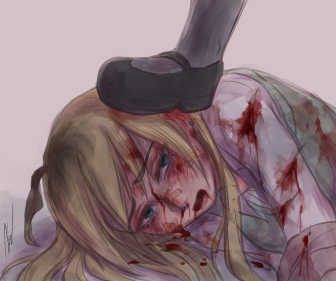 abuse ahoge aosora_(mizore) bandaid bandaid_on_face bandaid_on_nose black_footwear blonde_hair blood blood_on_face bloody_clothes blouse blue_eyes commentary_request foot_on_head furrowed_eyebrows long_hair multiple_girls open_mouth original solo_focus stepped_on sweater_vest white_blouse white_legwear