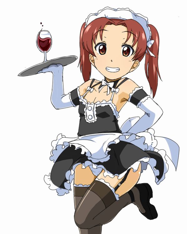 alcohol alternate_costume apron arm_garter bangs black_dress black_footwear black_legwear brown_eyes brown_hair commentary_request cowboy_shot cup dress drinking_glass enmaided eyebrows_visible_through_hair frilled_apron frilled_dress frills garter_straps girls_und_panzer gloves grin hand_on_hip holding kadotani_anzu lace lace-trimmed_thighhighs leg_up long_hair looking_back maid maid_headdress nana_(manaita_koumuten) panties pantyshot pantyshot_(standing) parted_bangs shoes short_dress simple_background smile solo spaghetti_strap spilling standing standing_on_one_leg thighhighs tray twintails underwear waist_apron white_apron white_background white_gloves white_panties wine wine_glass