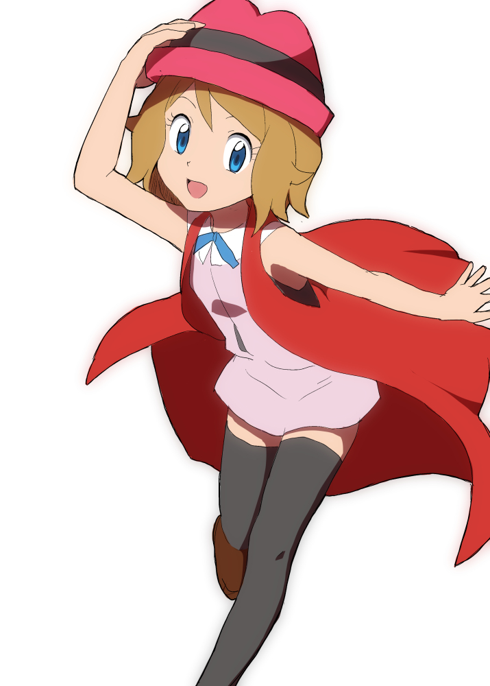 arm_up black_legwear blonde_hair blue_eyes brown_footwear creatures_(company) game_freak hand_on_headwear happy hat leg_up natsunagi_takaki nintendo open_mouth outstretched_arm pink_skirt pokemon pokemon_(anime) pokemon_xy_(anime) red_hat serena_(pokemon) shoes short_hair simple_background skirt smile standing standing_on_one_leg thighhighs white_background zettai_ryouiki