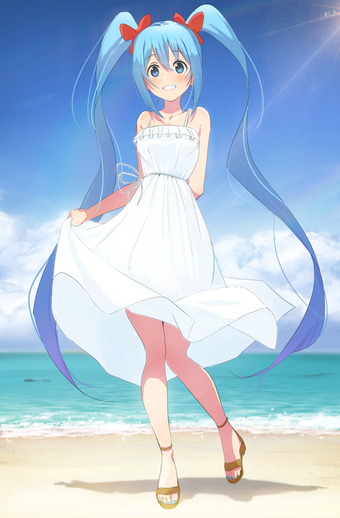 arm_behind_back bare_legs beach blue_eyes blue_hair blue_nails blue_sky cloud commentary day domo1220 dress eyebrows_visible_through_hair eyes frilled_dress frills full_body hair_between_eyes hair_ribbon hatsune_miku long_hair looking_at_viewer nail_polish ocean open_toe_shoes outdoors parted_lips red_ribbon ribbon shadow skirt_hold sky solo standing sundress sunlight toenail_polish twintails very_long_hair vocaloid water white_dress wind