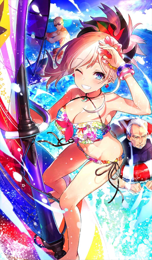 2boys bald beard bikini blue_eyes blush bracelet breasts cleavage collarbone commentary_request craft_essence day facial_hair fate/grand_order fate_(series) flower grey_hair grin hair_flower hair_ornament high_ponytail houzouin_inshun_(fate/grand_order) innertube jewelry magatama_necklace mika_pikazo miyamoto_musashi_(fate/grand_order) multicolored multicolored_bikini multicolored_clothes multiple_boys navel ocean official_art one_eye_closed outdoors pink_hair red_earrings red_flower side-tie_bikini smile standing storms_and_waves sunglasses surfboard surfing swimsuit windsurfing yagyuu_munenori_(fate/grand_order)