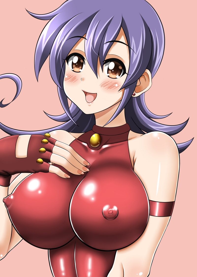 1girl bare_shoulders blush breasts brown_eyes choker commentary_request curly_hair dress duel_masters erect_nipples fingerless_gloves gloves hair_between_eyes large_breasts long_hair looking_at_viewer nail_polish open_mouth panties pink_nails purple_hair rail-ykr red_dress red_gloves shiny shiny_clothes shiny_skin simple_background solo tasogare_mimi taut_clothes taut_dress underwear upper_body white_panties